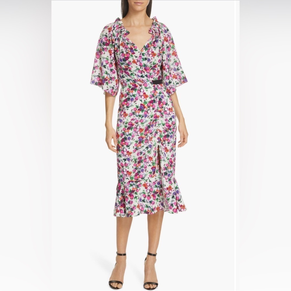 Saloni Olivia Floral Print Off The Shoulder Midi Dress Sz 8